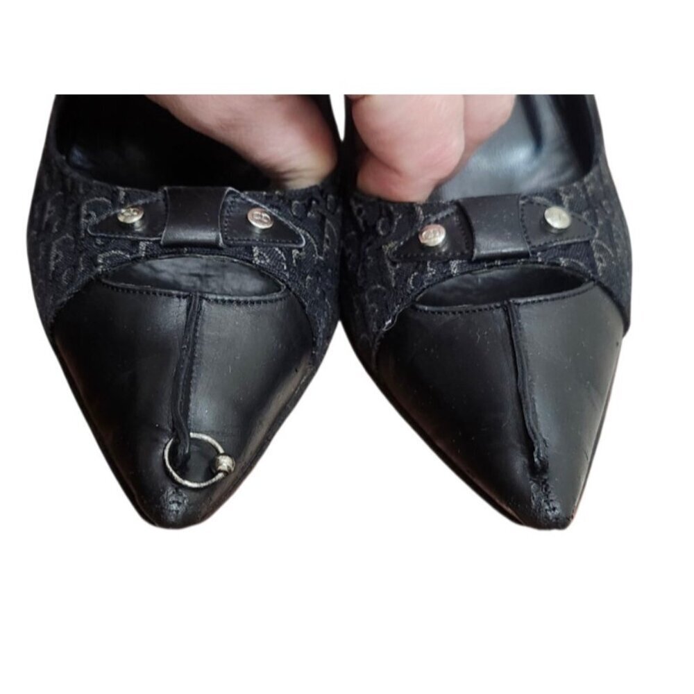 Christian Dior Monogram Heels 36 Black Logo Canvas Leather Pointed Toe Pumps - Picture 4 of 13